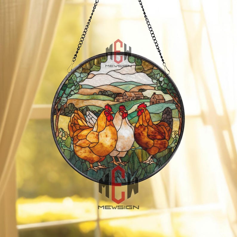 Personalized Chicken Stained Glass Suncatcher, Farm Rooster Hen Window ...