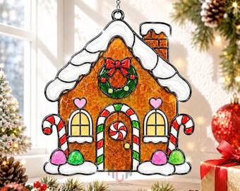 Gingerbread House Acrylic Suncatcher, Christmas Stained Glass Style Window Hanging Decor, Candy House Holiday Gift, Xmas Decor