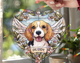 Personalized Beagle Acrylic Suncatcher, Angel Wings Memorial Window Hanging, Floral Heart Pet Loss Keepsake, Dog Lover Gift
