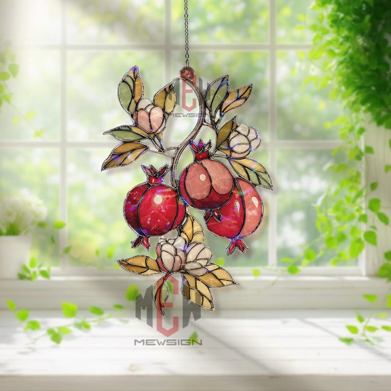 Pomegranate Acrylic Suncatcher, Red Fruit Window Hanging, Stained Glass ...