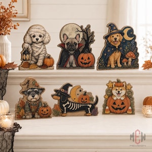Blocco di legno vintage a forma di cane di Halloween, simpatico cucciolo mummia vampiro strega scheletro zucca decorazione per mensola, spettrale regalo autunnale per amanti dei cani