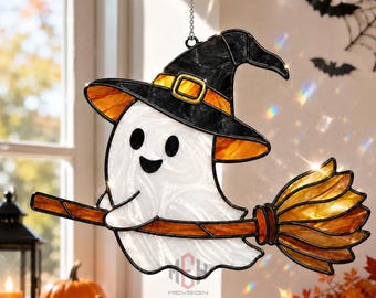 Halloween Ghost Acrylic Suncatcher, Stained Glass Window Hanging, Cute Ghost on Broom Halloween Decor, Spooky Haunted Gift Ornament