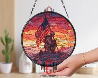 Kneeling Soldier Stained Glass Suncatcher, Round Patriotic Window Panel with American Flag and Sunset, Military Memorial Home Decor