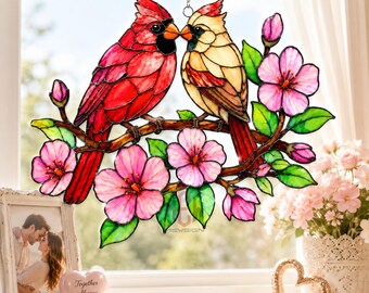 Cardinal Bird Couple Acrylic Suncatcher, Northern Cardinal Gift, Bird Lover Window Hanging, Spring Blossom Wildlife Ornament for Her