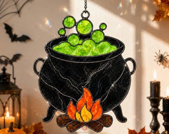 Witch Cauldron Acrylic Suncatcher, Halloween Stained Glass Style Window Hanging Decor, Spooky Potion Decor, Witchy Gift