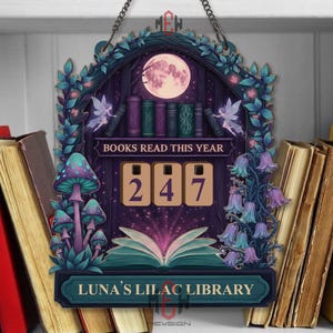 Tracker voor boeken die dit jaar worden gelezen – bibliotheekbord sprookjesbos, leesbalie betoverd lila, gepersonaliseerd houten boekenliefhebber cadeau