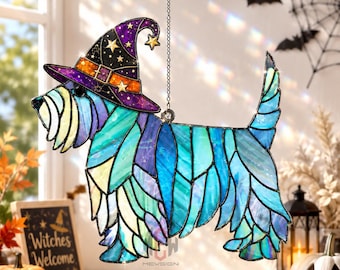 Scottish Terrier Witch Hat Stained Glass Suncatcher, Scottie Dog Window Hanging, Halloween Dog Sun Catcher, Dog Lover Gift