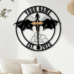 Custom Flying Dragon Metal Sign, Personalized Round Fantasy Wall Art with Name and Year, Dragon Decor for Gamers or Fantasy Lovers