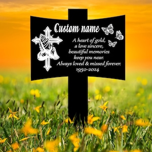 Personalized Metal Cross with Praying Hands Memorial Stake, Memorial Garden Decor , Custom Grave Marker, Remembrance Stake