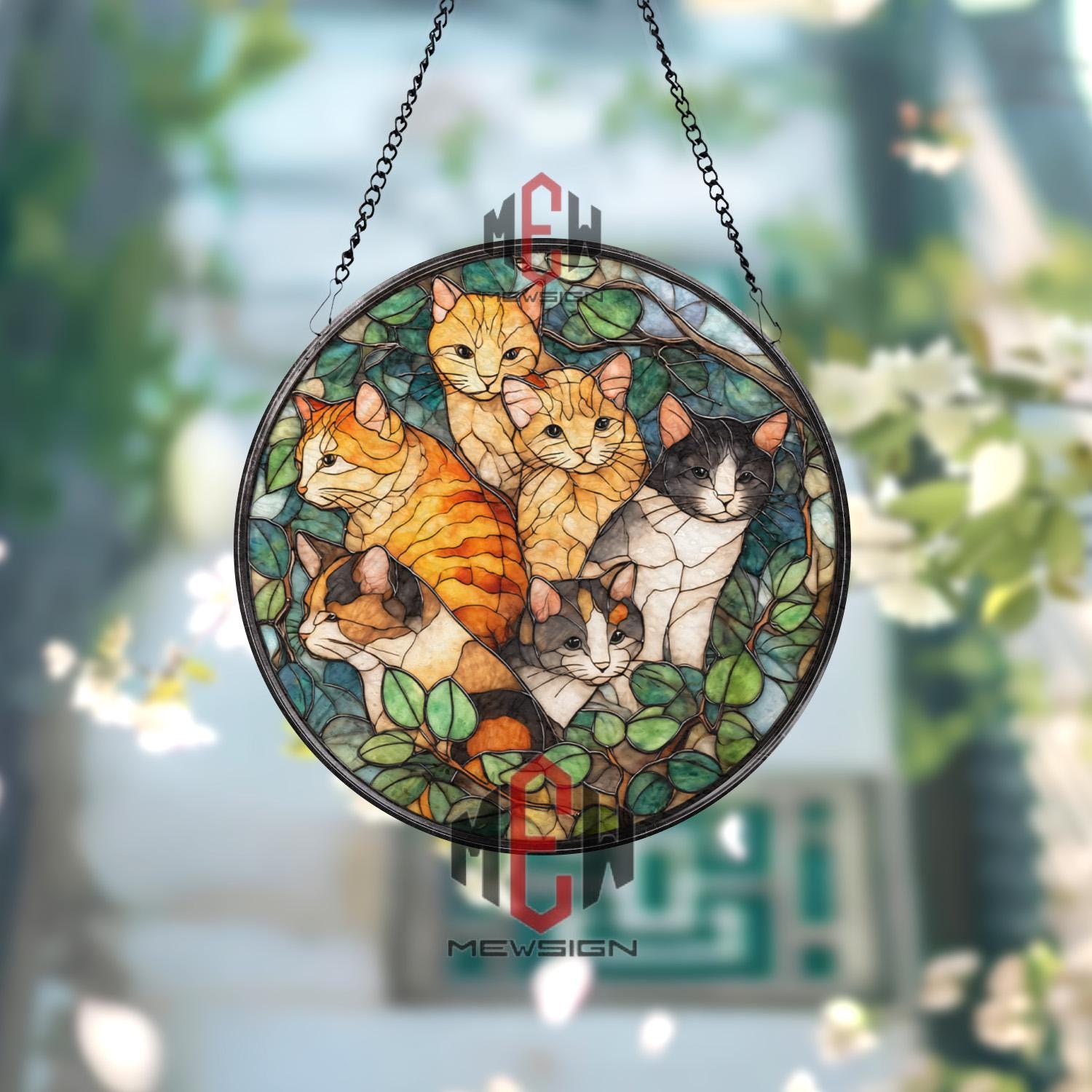 Cats Stained Glass Suncatcher, Round Multi Cat Window Panel With Orange ...