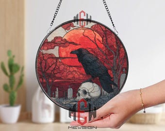 Raven and Skull Stained Glass Suncatcher, Round Gothic Cemetery