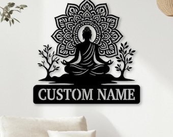 Metallväggkonst för meditation, mandala, spirituell zen-dekor, svart stålskylt för yogarum, mindfulness-hemgåva för meditationsälskare