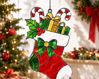 Christmas Stocking Acrylic Suncatcher, Stained Glass Style Window Hanging Decor, Holiday Stocking Ornament, Festive Xmas Gift