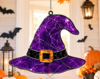 Purple Witch Hat Acrylic Suncatcher, Halloween Stained Glass Style Window Hanging Decor, Witchy Wall Decor, Spooky Gift