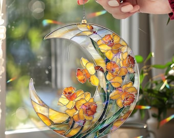 Atrapasueños acrílico de narciso con forma de luna creciente, estilo vitral, con flores amarillas, ideal como regalo de decoración para el hogar.