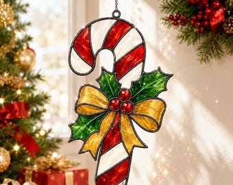 Candy Cane Acrylic Suncatcher, Christmas Stained Glass Style Window Hanging Decor, Holiday Bow Ornament, Festive Xmas Gift