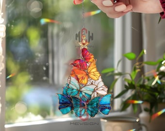 Atrapasol acrílico con forma de árbol de mariposas: decoración colorida para ventanas, adorno natural, acento luminoso para el hogar, regalo único para amantes de las mariposas.