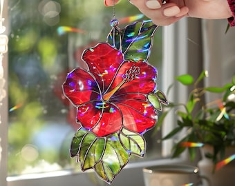 Decorazione acchiappasole ondulata in acrilico con ibisco rosso, decorazione floreale tropicale effetto vetro colorato da appendere alla finestra, ornamento esotico da giardino per gli amanti della natura.