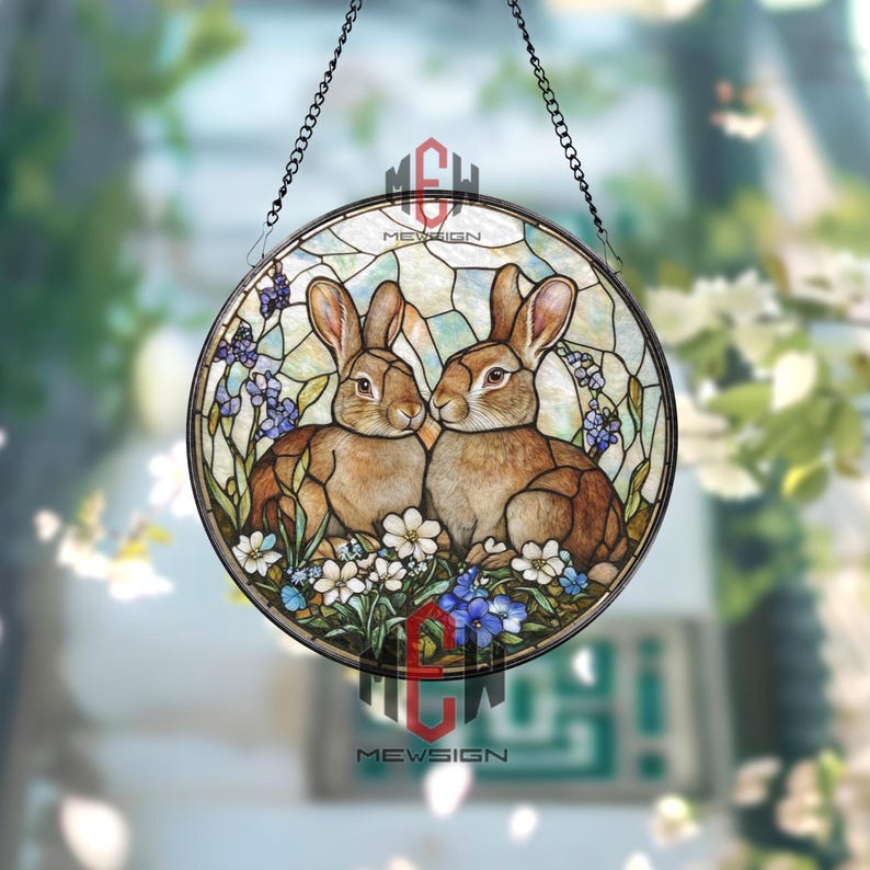 Stained Glass Spring Rabbit Bunny Couple Stained Glass Suncatcher, Floral Rabbit Window Panel ...