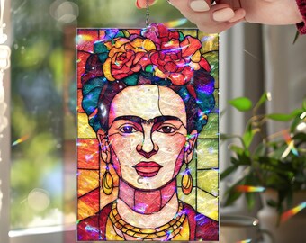 Frida Kahlo Acrylic Wavy Suncatcher Ornament, Colorful Rectangular Faux Stained Glass Portrait Panel, Artistic Mexican Window Home Decor