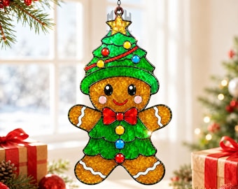 Gingerbread Christmas Tree Acrylic Suncatcher, Xmas Window Hanging Ornament, Stained Glass Style Holiday Decor, Friend Gift for Home Art