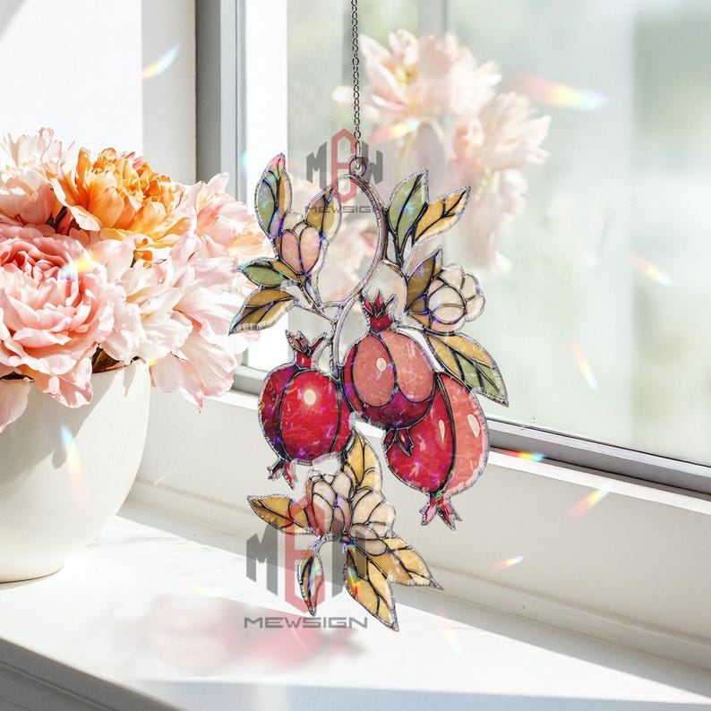 Pomegranate Acrylic Suncatcher, Red Fruit Window Hanging, Stained Glass ...