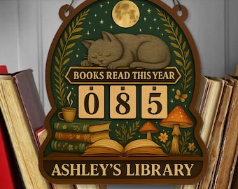 Books Read Tracker With Sleeping Cat, Books Read This Year, Bookish Decor,  Birthday Gift for Book Lover, Bookshelf Counter, Reader Gift