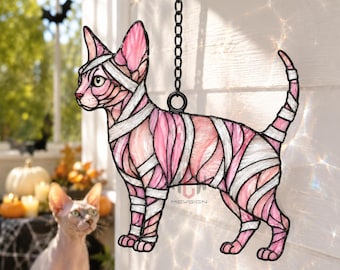 Mummy Sphynx Cat Acrylic Suncatcher, Halloween Cat Window Hanging, Stained Glass Style Sun Catcher, Cat Lover Gift, Spooky Pet Decor Art