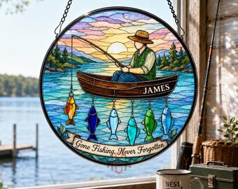 Personalized Fishing Suncatcher, Custom Name Fisherman Stained Glass Window Hanging, Memorial Dad Grandpa Lake House Angler Gift Decor