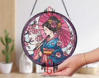 Geisha Stained Glass Suncatcher, Round Japanese Woman With Parasol