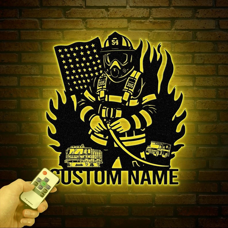 Personalized Fireman Metal Sign With LED Lights, Custom Firefighter ...