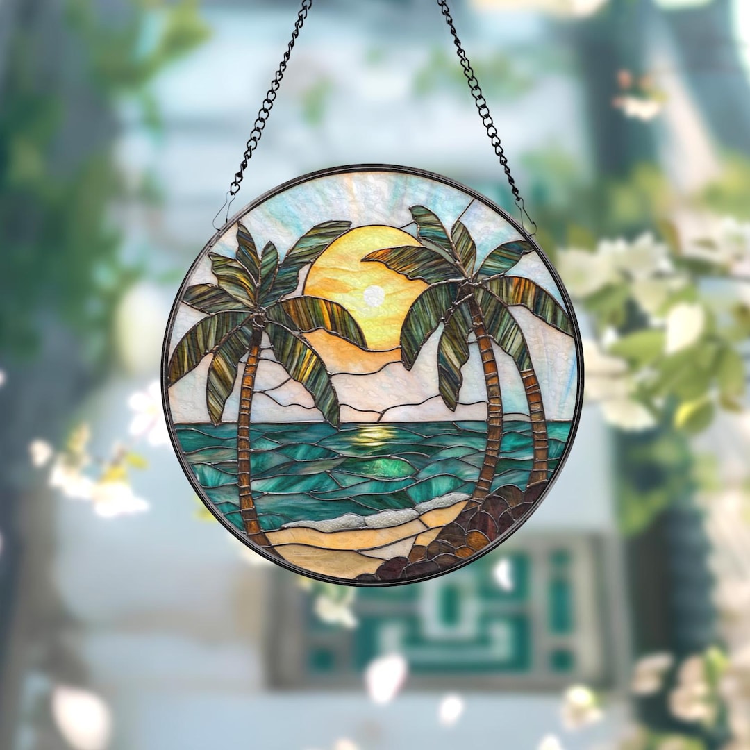 Tropical Palm Tree Stained Glass Suncatcher, Beach Sunset Window ...