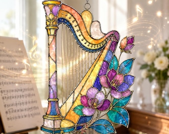 Floral Harp Acrylic Suncatcher, Stained Glass Style Window Hanging, Music Lover Gift, Harpist Gift, Musician Gift, Music Room Decor Art
