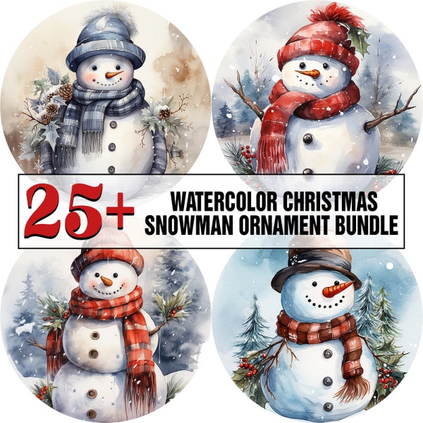 25+ watercolor Christmas snowman ornament Bundle PNG Sublimation Design, High Resolution, Transparent Background, Designs Digital Download