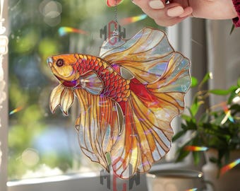 Goldfish Acrylic Suncatcher – Stained Glass Style Window Hanging, Orange Betta Fish Decor, Aquatic Art Ornament, Ocean Lover Gift