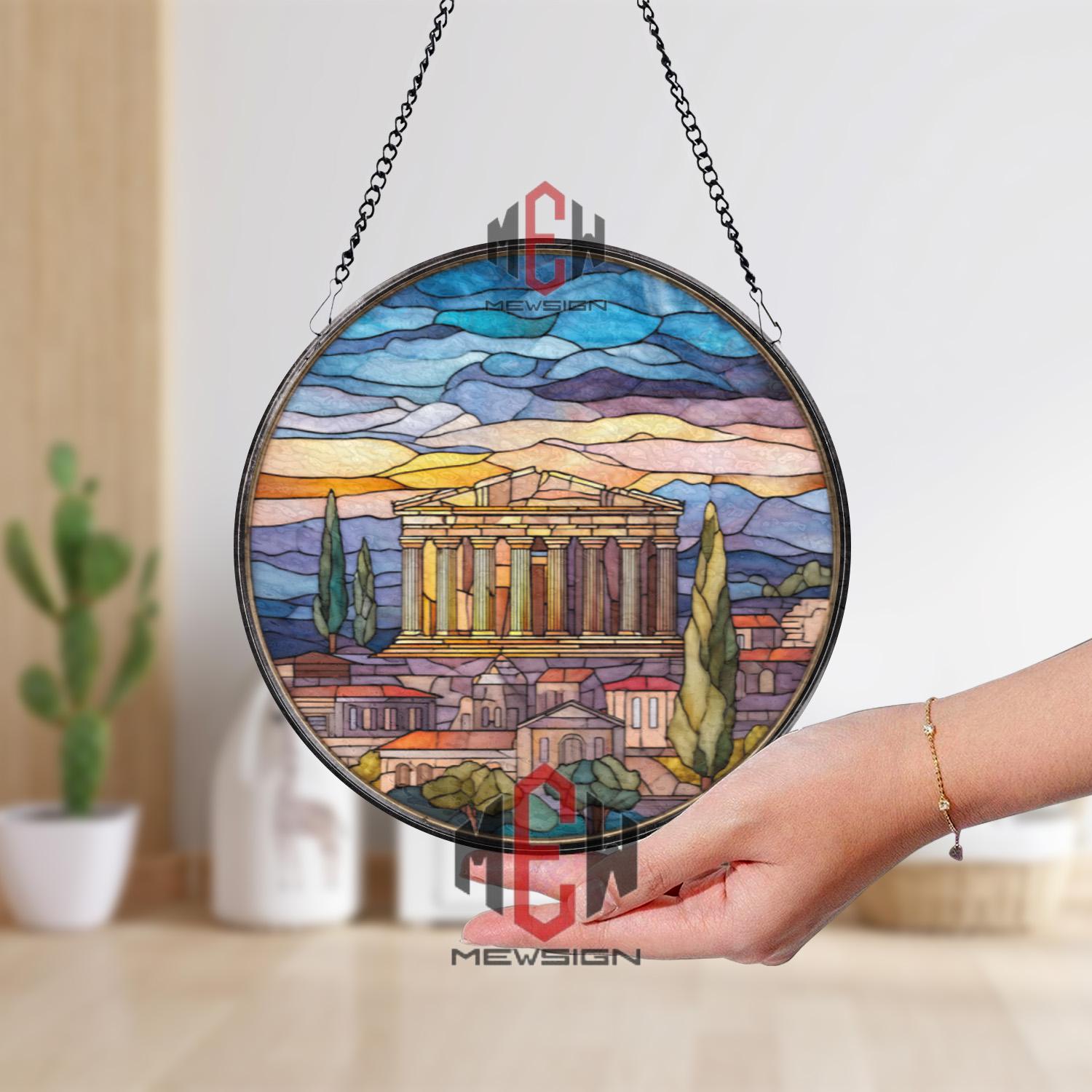 Round Parthenon Parthenon Stained Glass Suncatcher, Round Ancient Greek Temple Window ...