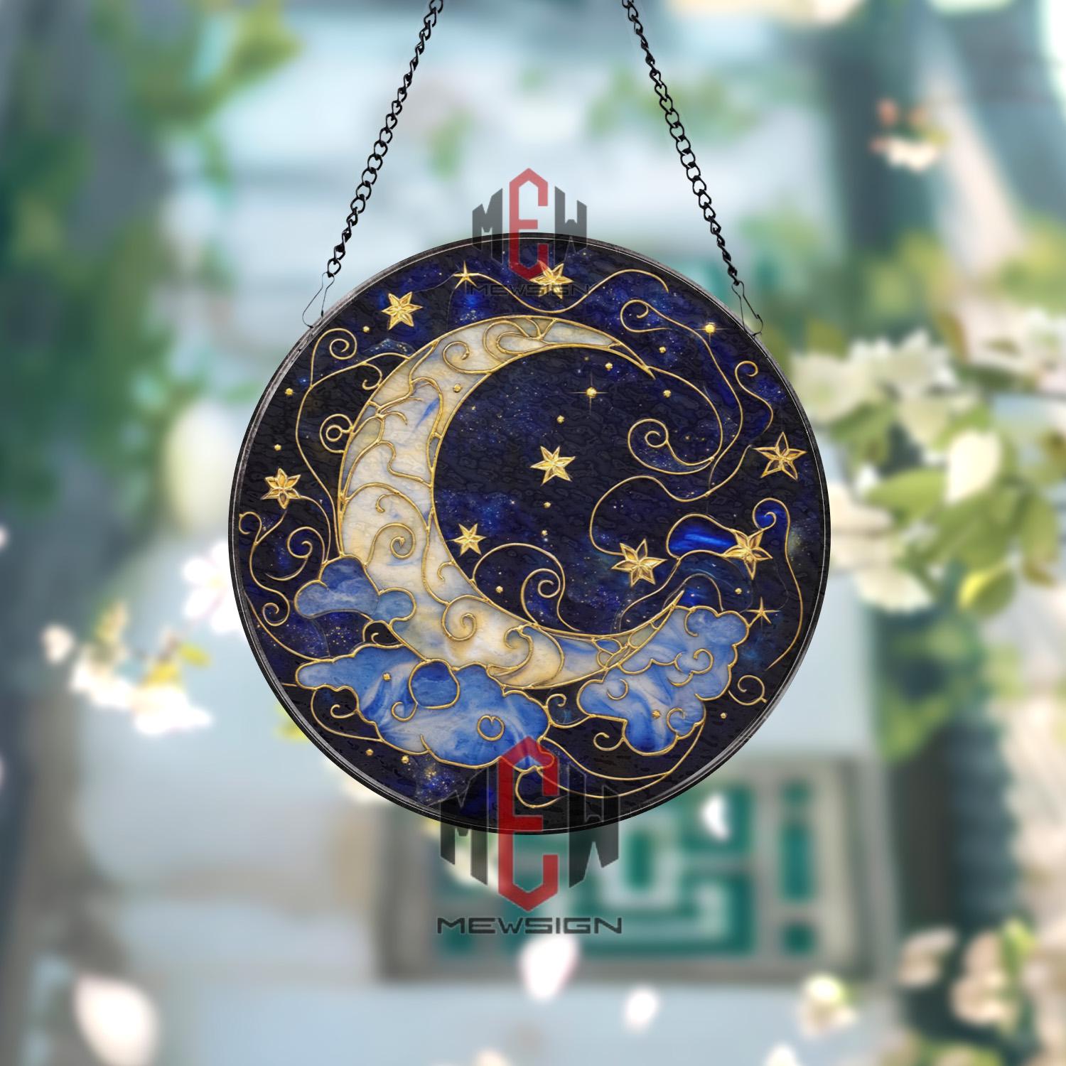 Moon and Stars Stained Glass Suncatcher, Celestial Night Sky Window ...