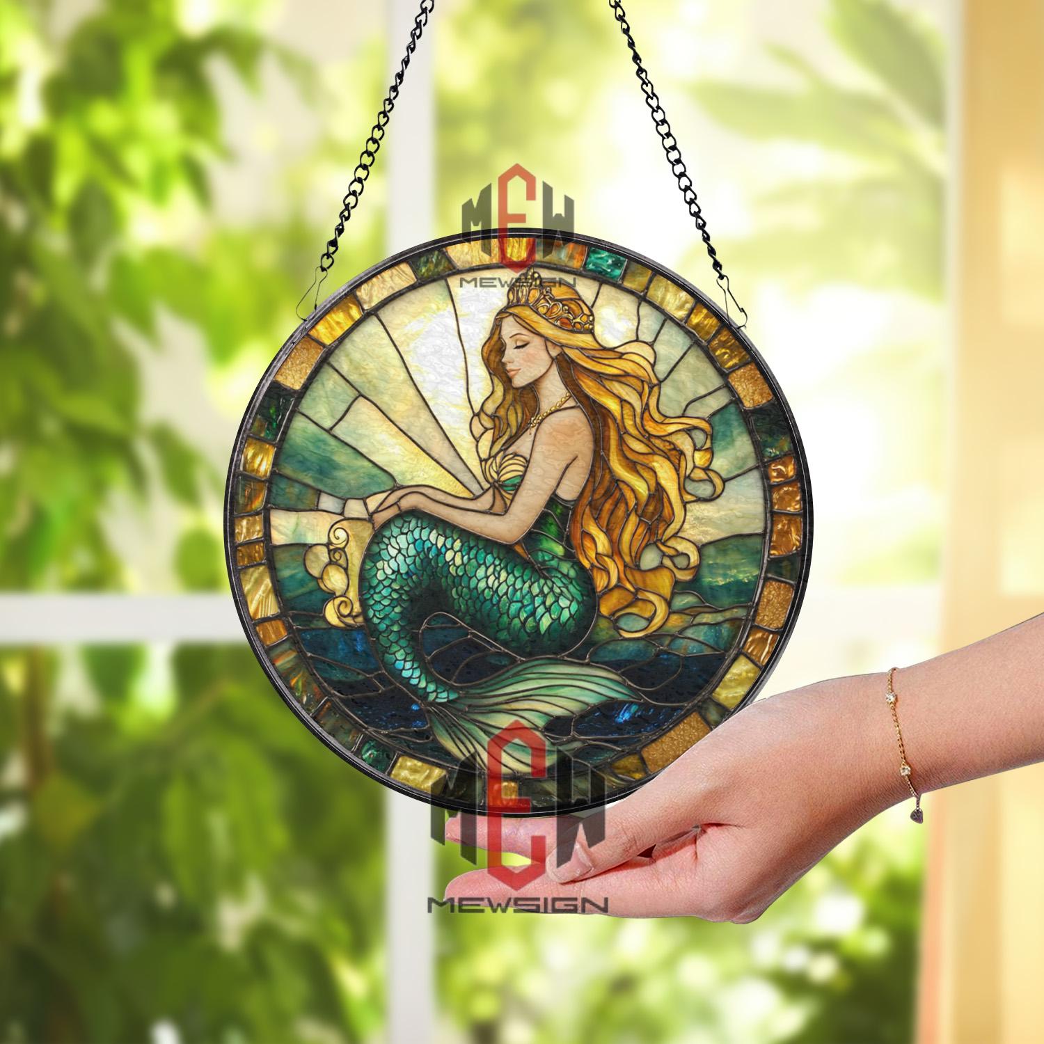 Mermaid Stained Glass Suncatcher, Ocean Fantasy Window Hanging