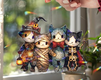 Halloween Cats Acrylic Suncatcher, Cute Kitty Group in Costumes Window Hanging, Witch Mummy Vampire Skeleton Holiday Home Decor Gift