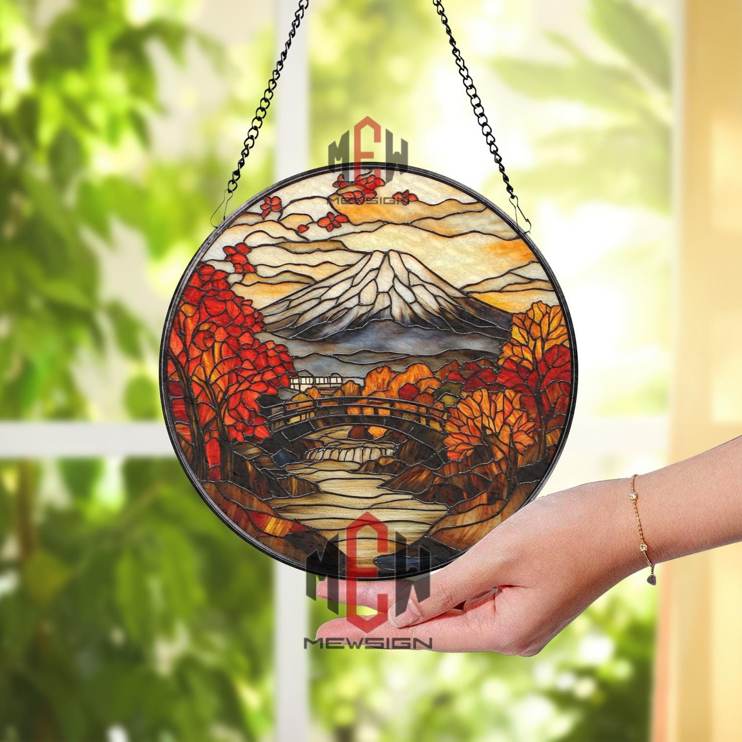 ステンドグラス　ダイヤモンド富士&パール富士 Mount Fuji Stained Glass Suncatcher, Japanese Autumn Landscape