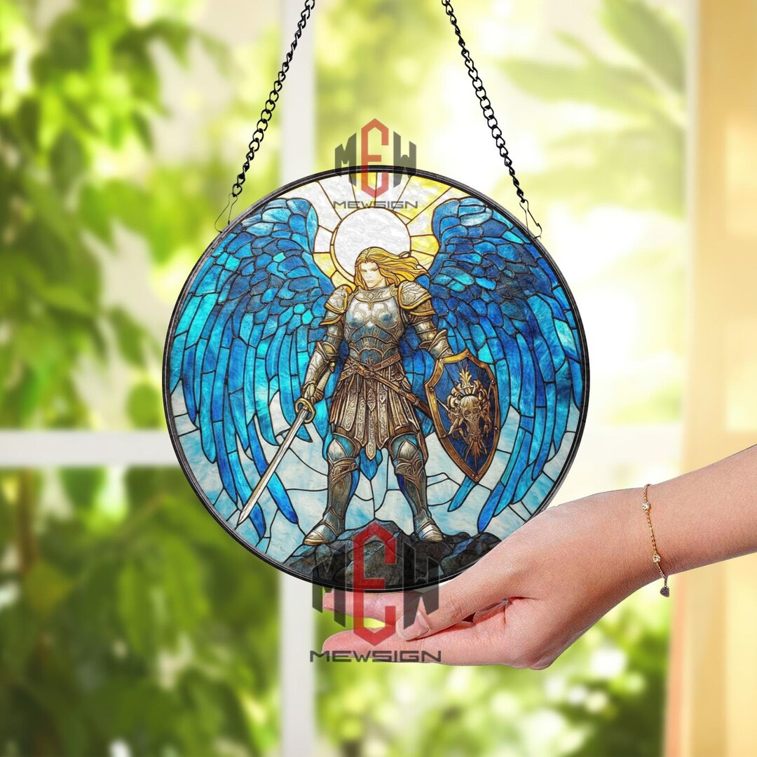 Stained Glass Archangel Suncatcher – Warrior Angel Window Hanging