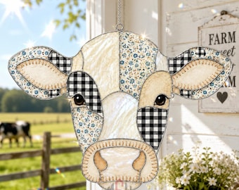 Patchwork Cow Acrylic Suncatcher, Quilted Farm Animal Window Hanging, Gingham Floral Rustic Cow Decor, Cottagecore Farmhouse Gift, For Her