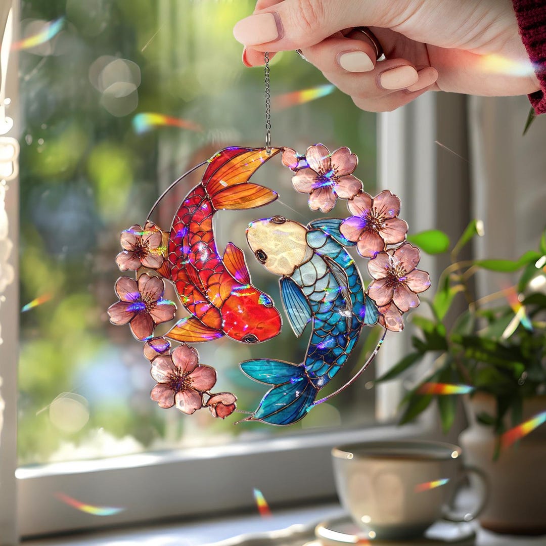 Koi Fish Yin Yang Acrylic Wavy Suncatcher, Sakura Flower Window