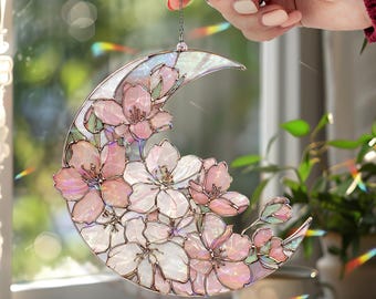 Atrapasueños acrílico con forma de media luna y flores de cerezo, estilo vidriera, colgante floral rosa para ventana, regalo de decoración primaveral para el hogar.