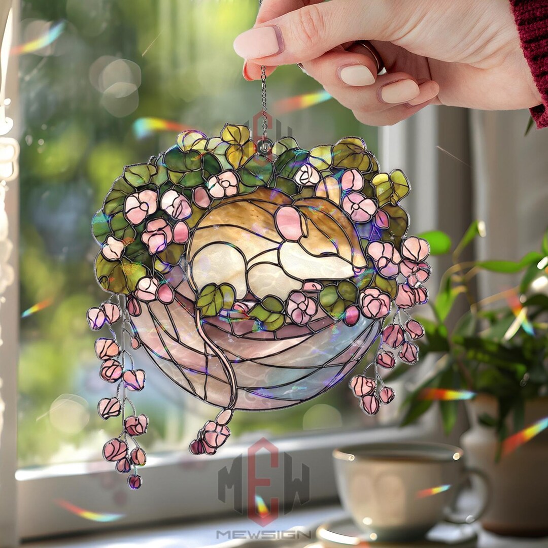 Persian Cat Acrylic Suncatcher, Stained Glass Style Sleeping Cat Window ...