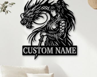Anpassad metallskylt med drakekrigare, personlig väggkonst med kvinnlig samurai, namnskylt med fantasydrake, unik present till spelare eller animefans