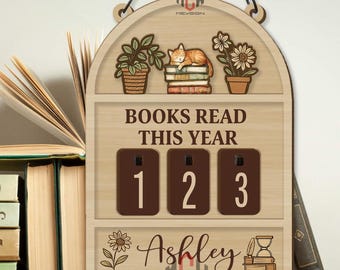 Books Read This Year Tracker: houten bord Cosy Cat and Plants, gepersonaliseerde leesteller, leuk cadeau voor boekenliefhebber