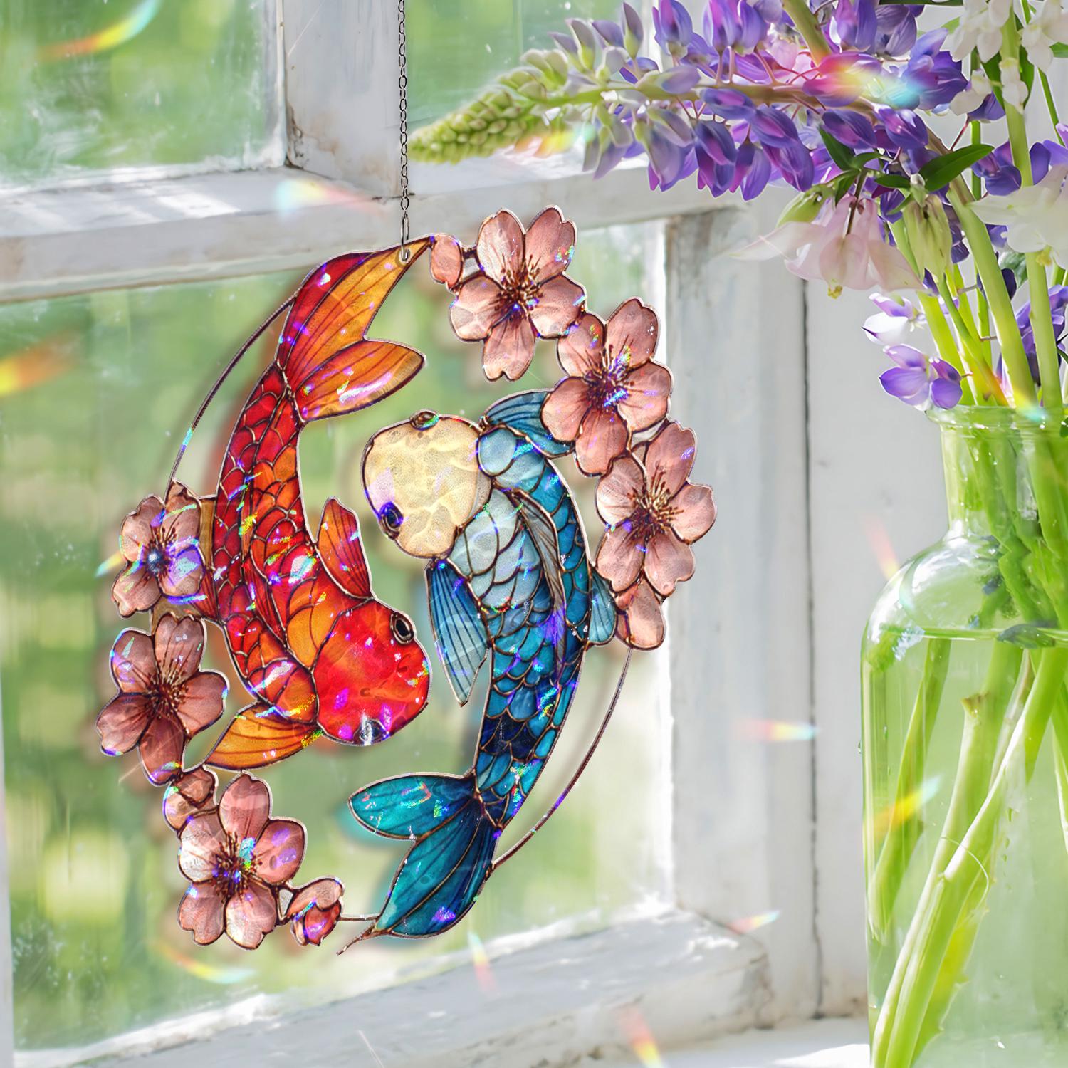Koi Fish Yin Yang Acrylic Wavy Suncatcher, Sakura Flower Window