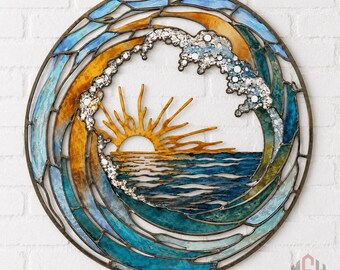 Ocean Wave Metal Wall Art, Coastal Beach House Sign, Stained Glass Style Patina Sunset Wall Decor, Nautical Sea Wave Art, Ocean Home Gift