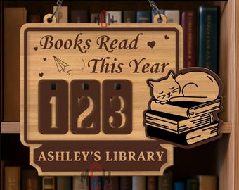 Books Read This Year Tracker – Cat Reading Sign, Personalized Wood Library Decor, Book Counter for Readers, Cozy Book Lover Gift